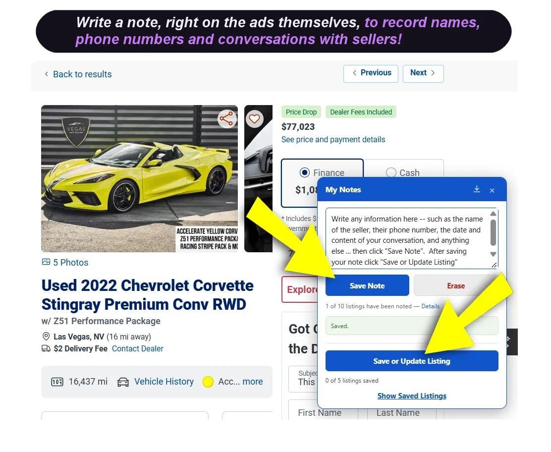 An AutoTrader listing with the My Notes panel open, showing a written note, the Save Note button and the Save or Update Listing button.