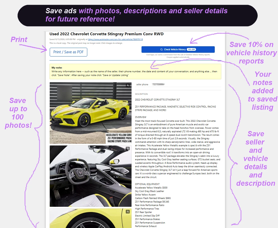 A saved AutoTrader listing open as a local file, showing the vehicle title, Print / Save as PDF, the Check Vehicle History button with its commission notice, the written note, and the listing photos and details.