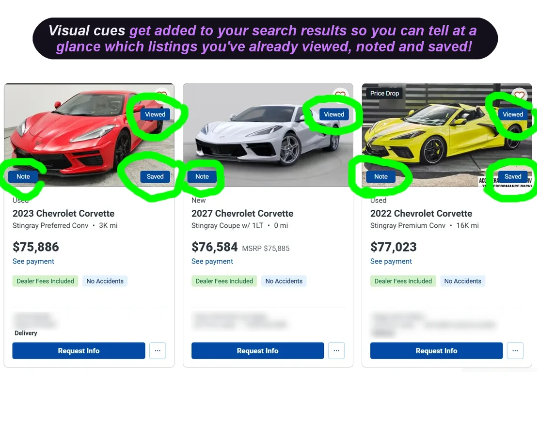 Three AutoTrader search result cards; two carry Viewed, Note and Saved markers and the third carries only Viewed and Note.