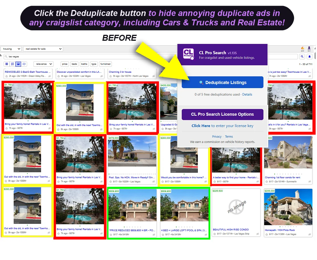 A craigslist real estate search before deduplication, with the same property repeated across the grid.