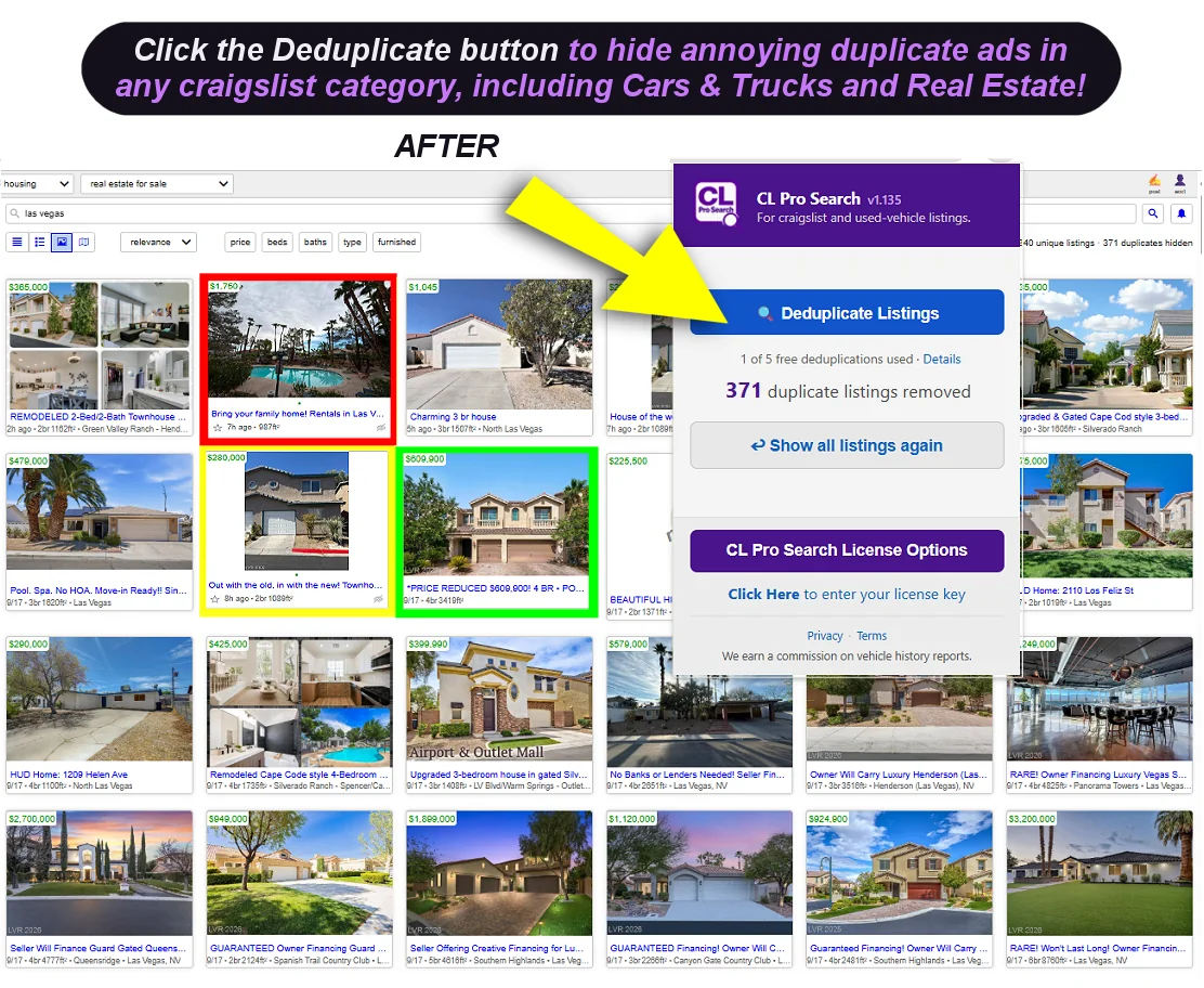 The same craigslist real estate search after deduplication, with the popup reporting 371 duplicate listings removed.
