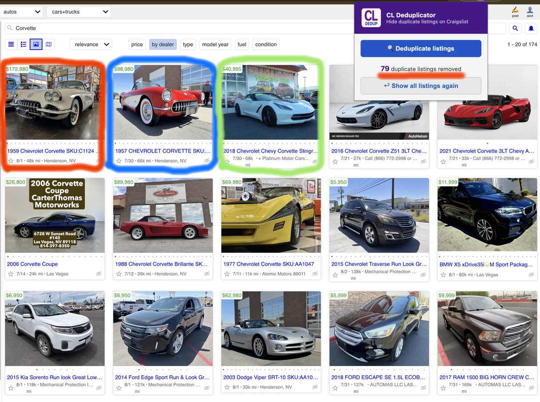 The same Craigslist cars and trucks search after deduplication, with each repeated Corvette collapsed to a single listing and the popup reporting 79 duplicate listings removed.