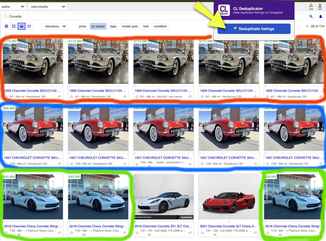 Craigslist cars and trucks search results before deduplication, with the same 1959 Corvette, 1957 Corvette and 2018 Corvette Stingray each repeated across the grid.