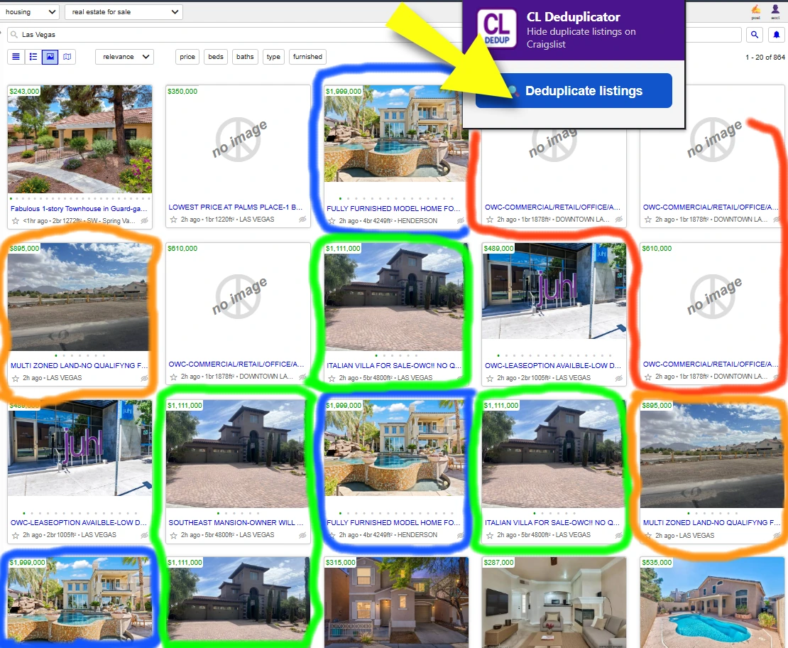 Craigslist real estate search results before deduplication, with the same villa, mansion and commercial property repeated across the grid.